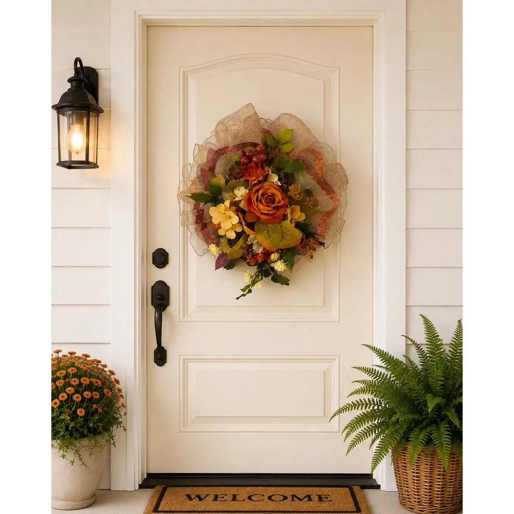 Handmade Fall Floral Wreath Orange Rose Burlap Deco Mesh Autumn Front Door Decor